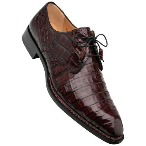 Mezlan Cratos burgundy crocodile derby, front angle showing matched tassel detail