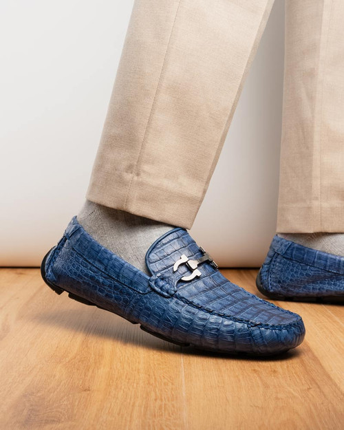 Marco Di Milano Parma Blue Jeans Caiman Belly Bit Driving Loafers