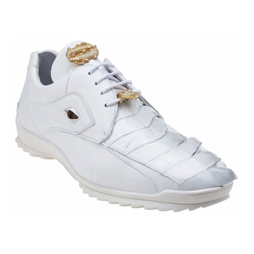 Belvedere Vasco white hornback crocodile sneaker, angled view showing gold hardware detail