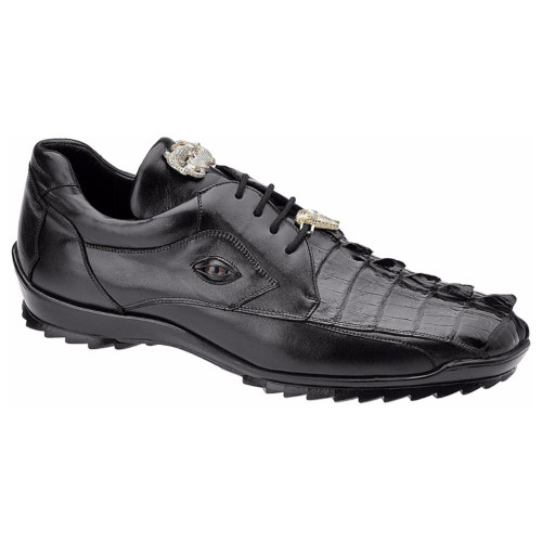 Belvedere Vasco black hornback crocodile sneaker, angled view showing gold hardware detail