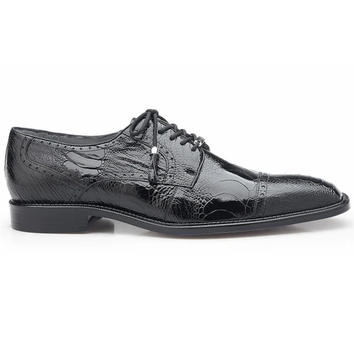 Belvedere Batta black genuine ostrich skin cap toe Derby, side profile