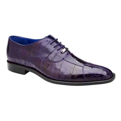 Belvedere Mare purple ostrich and eel skin split-toe Oxford, side angle view showing split-toe detail