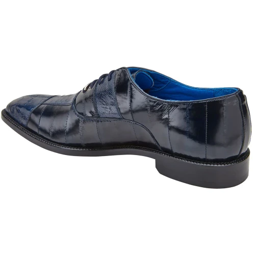 Belvedere Mare navy ostrich and eel skin split-toe Oxford, side view showing heel detail