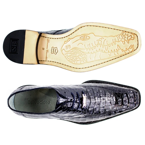 Belvedere Chapo navy hornback crocodile Derby shoes, sole and heel detail