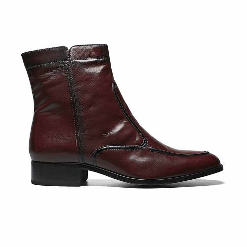 Side profile of the Florsheim Essex Black Cherry kidskin leather boot showing the side zipper closure