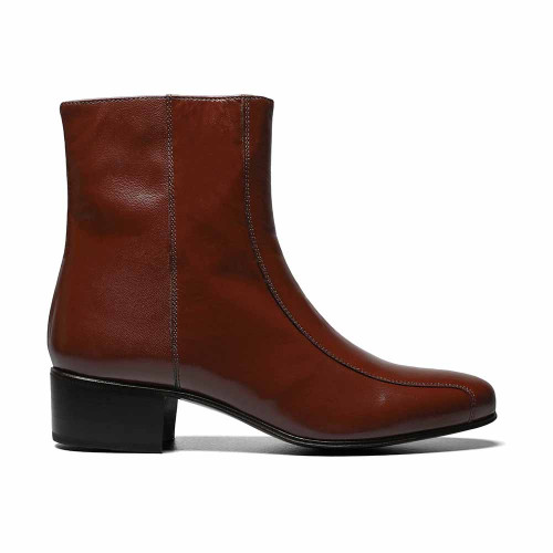Side profile of the Florsheim Duke cognac "Heritage Gold" kidskin leather boot showing the side zipper and bike toe seam