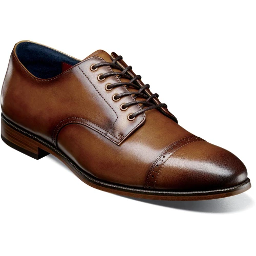 Stacy Adams William oxford in Tan, angled view highlighting the line of perfing along the toe