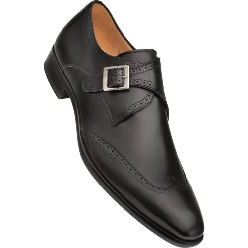Mezlan Forest black wingtip monk strap, front angle showing perforated brogue detailing