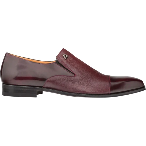Mezlan Milani burgundy deerskin and Italian calfskin gored loafer, side profile view