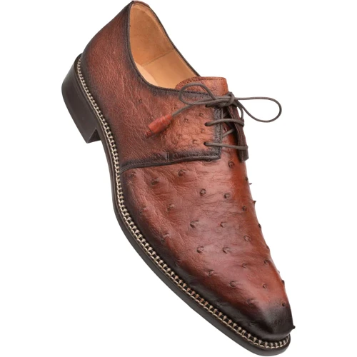 Mezlan Tillson Brandy ostrich derby, angled view showing hand-burnished texture