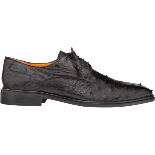 Mezlan Tillson Black genuine ostrich derby shoe, side profile view