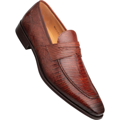 Mezlan Mayor sport penny loafer, front view showing chiseled toe and apron-front strap