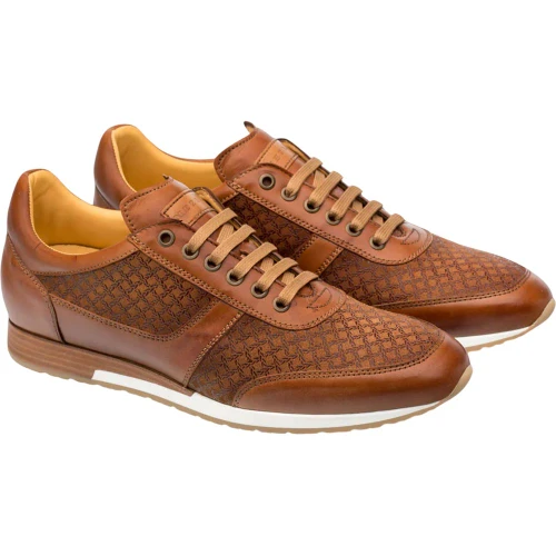 Mezlan Maxim tan dress sneaker, side angle showing textured suede panels