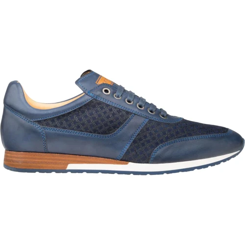 Mezlan Maxim blue calfskin and suede dress sneaker, side profile view