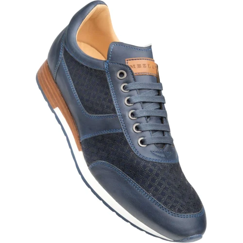 Mezlan Maxim blue dress sneaker, front angle showing textured suede panels