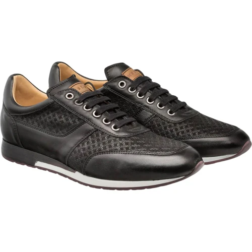 Mezlan Maxim black calfskin and suede dress sneaker, side profile view