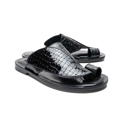 Corrente Resort Black Crocodile Printed Ostrich Leather Sandals for Men Corrente Resort Black Crocodile Printed Ostrich Leather Sandals for Men