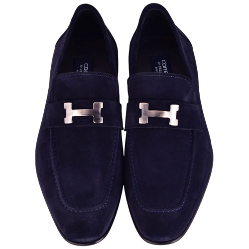 Corrente Men’s H Buckle Almond Toe Navy Premium Suede Leather Loafer Corrente Men’s H Buckle Almond Toe Navy Premium Suede Leather Loafer