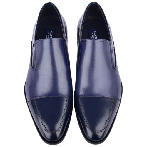 Corrente Men’s Deer and Calfskin Navy Cap Toe Leather Sole Loafer Corrente Men’s Deer and Calfskin Navy Cap Toe Leather Sole Loafer
