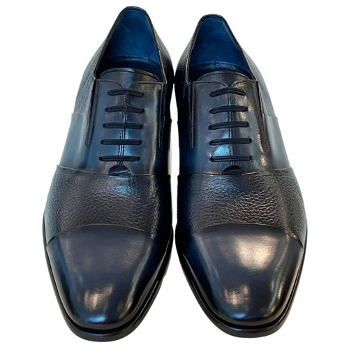 Corrente Men’s Navy Deer Skin Leather Tie-Less Cap Toe Slip-On Loafer Corrente Men’s Navy Deer Skin Leather Tie-Less Cap Toe Slip-On Loafer