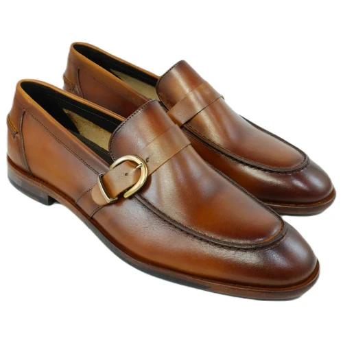 Alan Payne Daytona cognac strap and buckle loafer, pair, hand-painted calfskin, 3/4 view