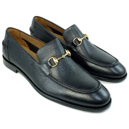 Alan Payne Miami black bit loafer, pair, pebble grain leather with gold hardware, 3/4 view