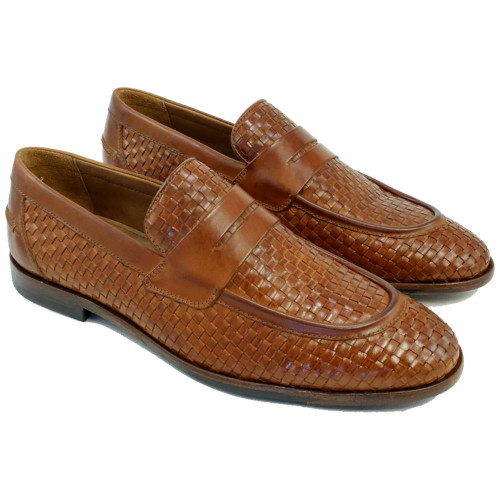 Alan Payne Boca tan woven leather penny loafer, pair, 3/4 view
