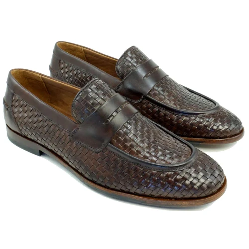 Alan Payne Boca brown woven leather penny loafer, pair, 3/4 view