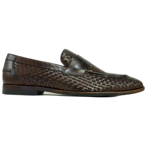 Side profile of brown woven calfskin loafer showing basketweave leather texture
