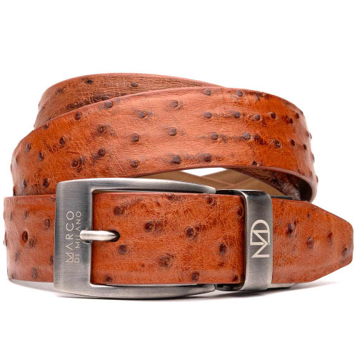 Domenico Men’s Genuine Exotic Ostrich Belts With Brushed Chrome Buckle | Marco Di Milano Exotic Belt in Cognac Domenico Men’s Genuine Exotic Ostrich Belts With Brushed Chrome Buckle | Marco Di Milano Exotic Belt in Cognac