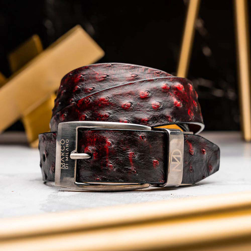 Domenico Men’s Genuine Exotic Ostrich Belts With Brushed Chrome Buckle | Marco Di Milano Exotic Belt in Cherry Domenico Men’s Genuine Exotic Ostrich Belts With Brushed Chrome Buckle | Marco Di Milano Exotic Belt in Cherry