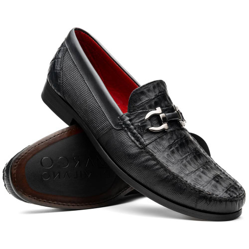 Adro Men’s Genuine Caiman Crocodile & Lizard Skin Loafers | Marco Di Milano Exotic Shoes in Black