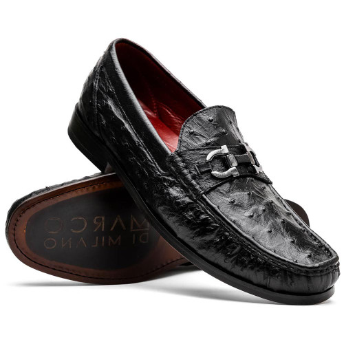 Marco Di Milano Ferrioni Men’s Genuine Ostrich Black Moc Toe Bit Loafers