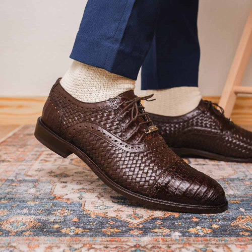Marco Di Milano John Men’s Woven calfskin Genuine Caiman Crocodile Cap Toe Brown Oxford