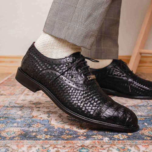Marco Di Milano John Men’s Woven calfskin Genuine Caiman Crocodile Cap Toe Black Oxford Marco Di Milano John Men’s Woven calfskin Genuine Caiman Crocodile Cap Toe Black Oxford