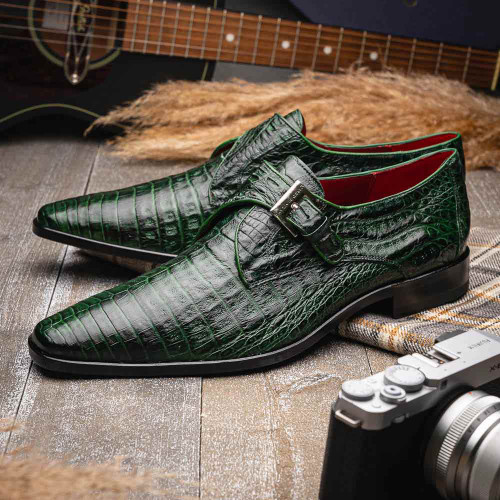 Rovigo Men’s Genuine Caiman Crocodile Skin Monk Strap | Marco Di Milano Exotic Shoes in Green