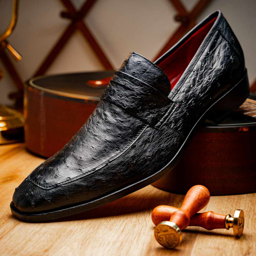 Salvatore Men’s Full Quill Ostrich Skin Slip-on Loafers | Marco Di Milano Exotic Loafers in Black
