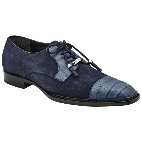 Capitano Genuine Oiled Caiman Crocodile Skin Navy Cap Toe Derby