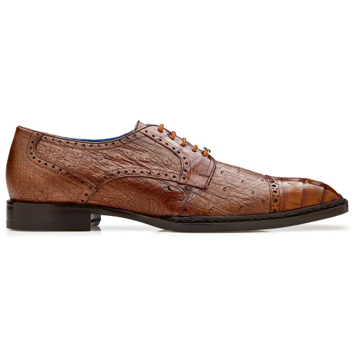 Belvedere Martino Genuine Caiman Crocodile Skin and Full Quill Ostrich Walnut Cap Toe Derby 