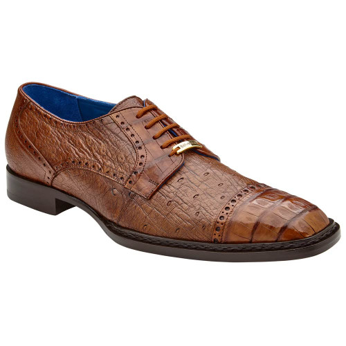 Belvedere Martino Genuine Caiman Crocodile Skin and Full Quill Ostrich Walnut Cap Toe Derby 