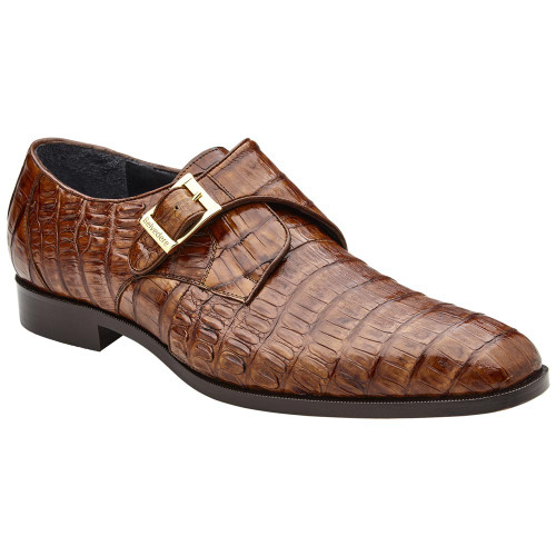 Belvedere Angelo Genuine Caiman Crocodile Skin Walnut Single Buckle Monk Strap