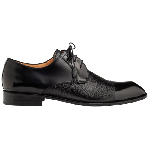 Mezlan Capello black hi-shine and textured calfskin cap toe derby, side profile view