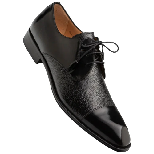 Mezlan Capello black derby, front toe view showing cap-toe seam and material contrast