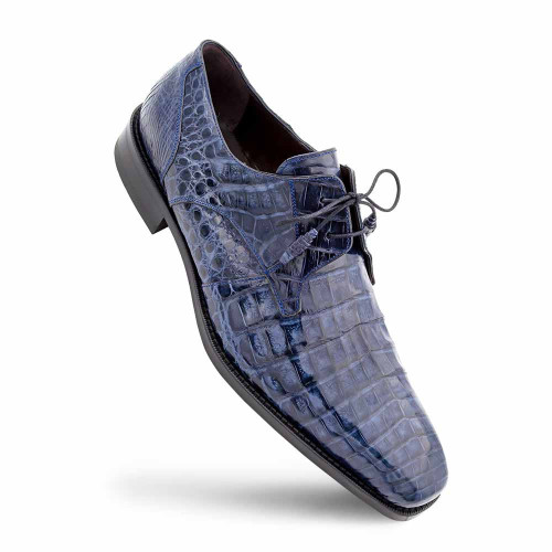 Mezlan Anderson blue crocodile blucher, front toe view showing plain-toe silhouette
