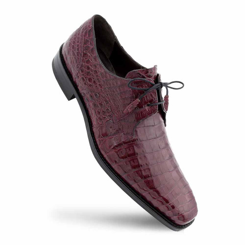 Mezlan Anderson burgundy crocodile shoe showing scale texture and tassel detail