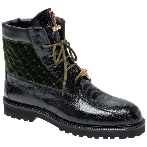 Mauri Genuine Ostrich & Quilted Velvet HAWK Black/Green Combat Men's Boot 