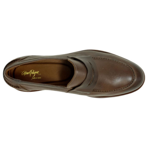 Top view of Alan Payne Naples penny loafer in Troy Brown leather highlighting apron and strap stitching