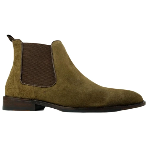 Side profile of madero suede Chelsea boot showing elastic gusset and pull tab detail