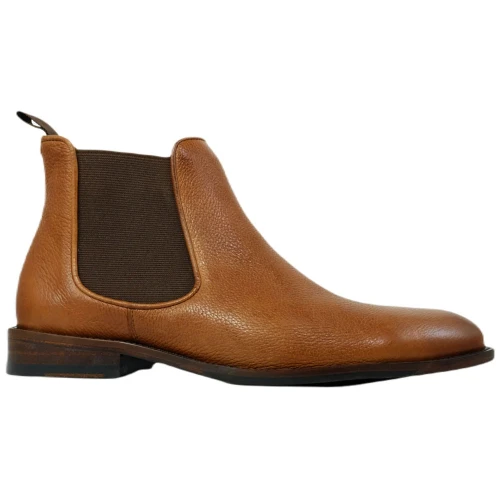 Side profile of mahogany Chelsea boot showing elastic gusset and pull tab detail