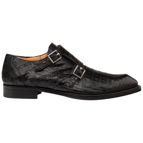 Mezlan Doyers Black genuine crocodile double monk strap dress shoe, side profile view